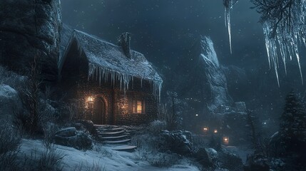 Sticker - Winter Cabin in the Mountains: A Snowy Night Scene