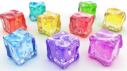 Poster - Isometric water cubes for game, isolated 3d elements, colorful aqua textured boxes of blue, pink, green, red, purple and yellow colors with ripples on liquid surface, Cartoon vector illustration, set