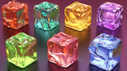 Poster - Isometric water cubes for game, isolated 3d elements, colorful aqua textured boxes of blue, pink, green, red, purple and yellow colors with ripples on liquid surface, Cartoon vector illustration, set