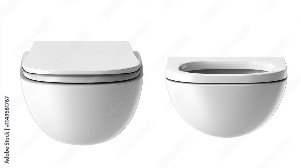 Toilet with seat set. White ceramic lavatory bowl with closed and open ...