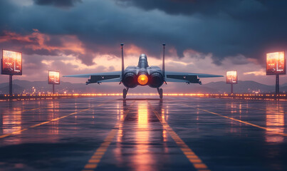Poster - A fighter jet on a reflective runway under dramatic skies, illuminated by nearby billboards.