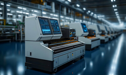 Poster - Modern industrial machinery with digital interfaces in a factory setting.