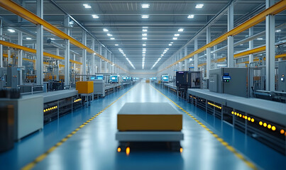 Poster - A modern industrial warehouse with automated systems and bright lighting.