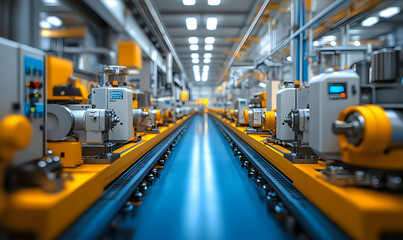 Poster - An industrial facility with machinery aligned along a blue pathway.