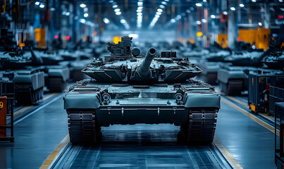 Poster - A military tank in a modern manufacturing facility, showcasing industrial production.