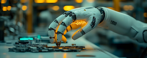 Poster - A robotic hand assembling electronic components in a high-tech industrial setting.