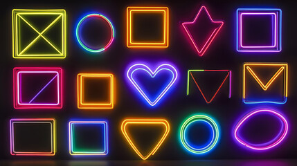 Poster - Neon frames, isolated colorful led square and round borders. Red, green, blue, pink, yellow purple Illuminated geometric shapes on black background. Color light signboards Realistic 3d vector set