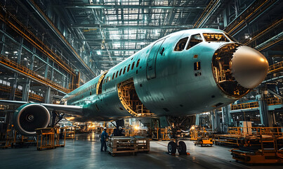Poster - A large airplane in a manufacturing facility, showcasing assembly and engineering processes.