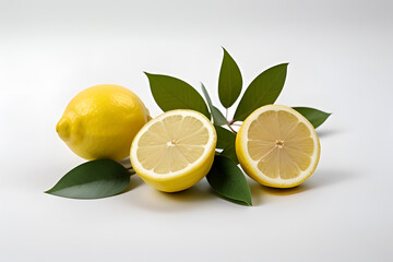 Wall Mural - Set of lemons and leaves, isolated on white background