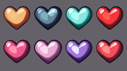 Poster - Heart fill progress game animation sprite sheet, app icons. Ui or gui design elements, status of love, health, life, energy and resource in computer or mobile game, sequence frame, Cartoon vector set