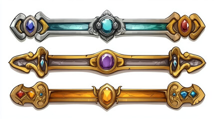 Poster - Set of square ui game frames, textured medieval borders of gold, silver or steel metal with gems. Cartoon empty metallic bordering with gemstones, isolated design gui elements, Vector illustration