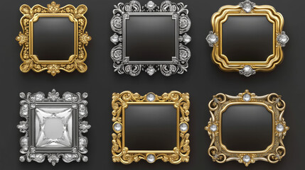 Poster - Square avatar frames, medieval ui game silver and gold borders. Cartoon empty metallic bordering with fancy gemstone decor, isolated fantasy design elements, gui graphics, Vector illustration, set