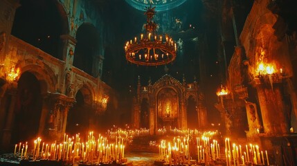 Poster - Multiple flickering candle flames create a warm, serene atmosphere in a majestic church, inviting quiet reflection and prayers amid intricate architecture and soft shadows