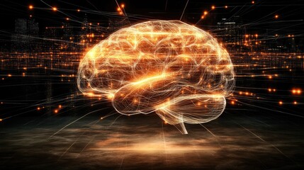 Poster - Human brain glowing with interwoven lines of light, representing the power of neural connections.
