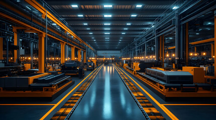 Poster - A spacious industrial warehouse with machinery and assembly lines illuminated by orange lights.