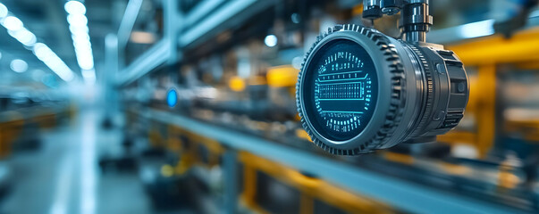 Poster - Close-up of an industrial camera in a factory setting, emphasizing automation technology.