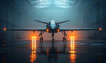 Poster - A sleek aircraft positioned in a dimly lit hangar, showcasing advanced design and technology.