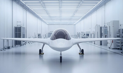 Poster - A futuristic aircraft in a sleek, high-tech hangar designed for innovation.