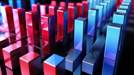 Poster - Growing bars representing big data showcase information and statistics in a striking blue and red color scheme against a dark background, featuring glossy reflections for added depth