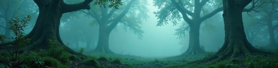  Foggy forest with smoke swirling around ancient tree trunks, eerie, greenery, smog