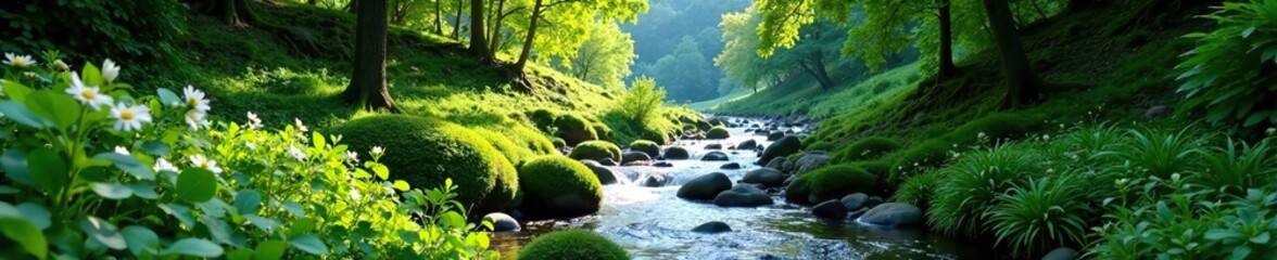 Wall Mural - Lush greenery and serene stream in Amaklit Plateau, foliage, outdoor