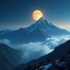 Wall Mural - Shimmering fog caresses a desolate, moonlit mountain peak, fog, vast, peak