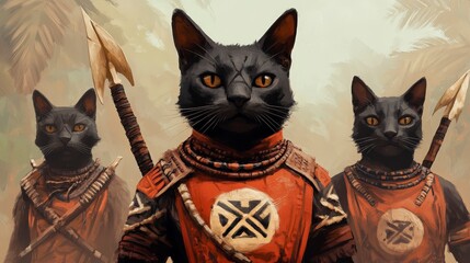 Naklejka na meble Three Adventurous Black Cats in Warrior Attire with Spears