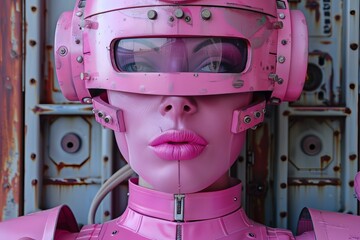 Poster - Pink robot woman wearing futuristic helmet and armor, standing in front of a metallic wall