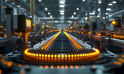 Poster - A high-tech industrial setting with illuminated conveyor belts in a factory environment.