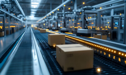 Poster - automated conveyor system transporting packages in a warehouse setting.