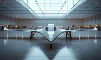 Poster - A sleek aircraft in a modern hangar, showcasing advanced design and engineering.