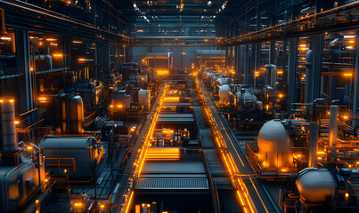 Poster - A futuristic industrial facility with glowing elements and complex machinery.