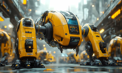 Poster - A futuristic robotic machine with yellow exoskeleton, designed for industrial tasks.