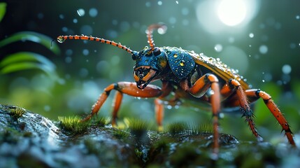 Wall Mural - Vibrant Beetle in Rain: Macro Nature Photography