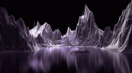 Poster - mesmerizing neon wireframe peaks in a 3d landscape with deep violet tones, creating a futuristic dre
