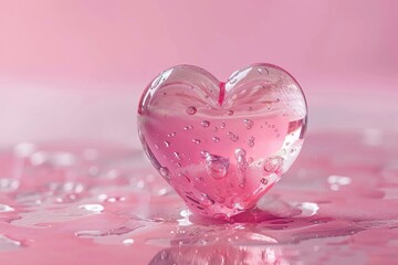 Poster - Glass heart filled with pink liquid and bubbles standing on a wet surface creating a romantic atmosphere