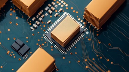 Poster - Close-Up View of Circuit Board with Gold Components and Chips
