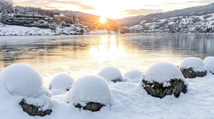 Wall Mural - Morning sunlight casting warm pink tones on a snow-covered riverbank and frozen ice, surrounded by a serene winter wonderland.