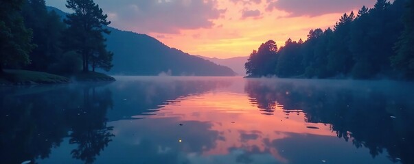 Softly glowing blue hues merge with warm orange tones over the still surface of a pond at twilight, blue, calm