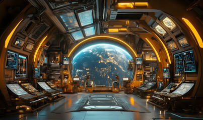 Poster - Futuristic control room with a view of Earth, featuring advanced technology and screens.