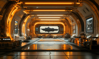 Poster - A futuristic interior of a spacecraft with glowing orange lights and a large window view.
