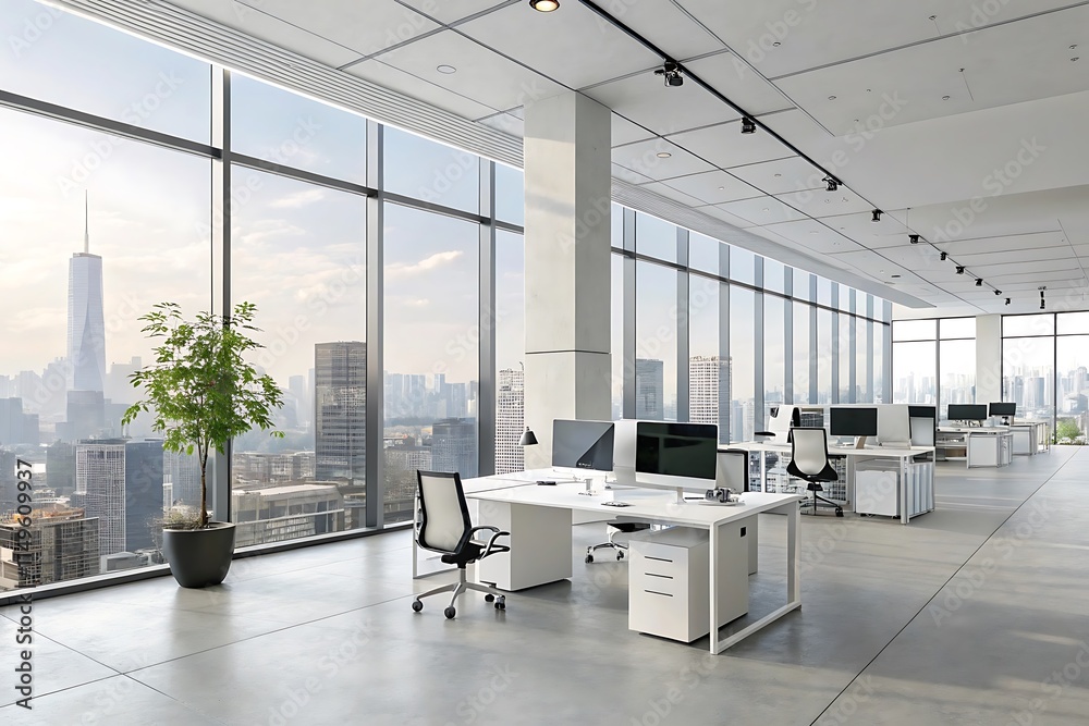 Modern Office Space with Open Plan Layout Floor to Ceiling Windows ...