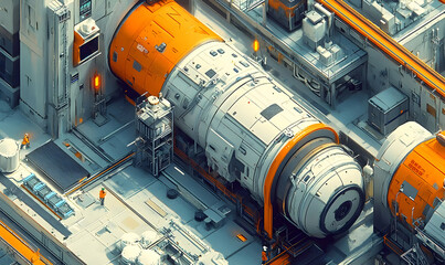 Poster - A futuristic industrial facility featuring large cylindrical structures and workers.