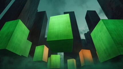 Poster - Abstract Urban Landscape with Floating Green and Orange Cubes