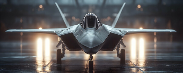 Poster - A sleek military aircraft is showcased in a dimly lit hangar with bright lights in the background.
