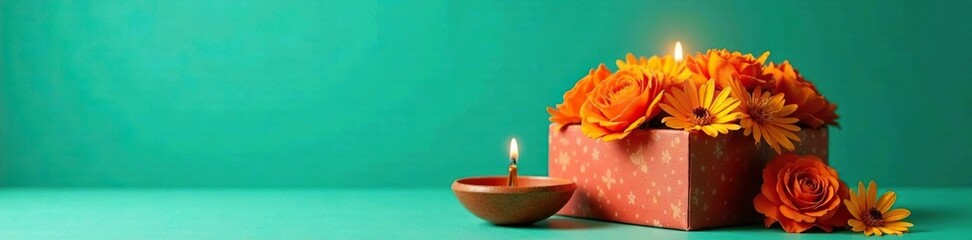 Wall Mural - Marigold flowers in a decorative gift box against a backdrop of teal with a large diya placed prominently at the top, celebration theme,