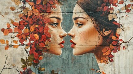 Canvas Print - Autumnal Women: A Colorful Mural of Faces and Leaves