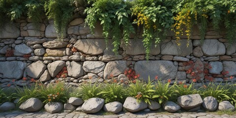 Wall Mural - weathered stone wall with overgrown vegetation, nature, textured