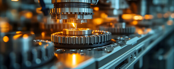 Poster - Close-up of precision machinery with gears and laser cutting technology in an industrial setting.