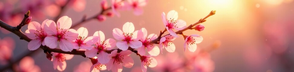 Wall Mural - Delicate cherry blossom branches with soft pink petals and golden light of sunrise, morning, sunlight, floral